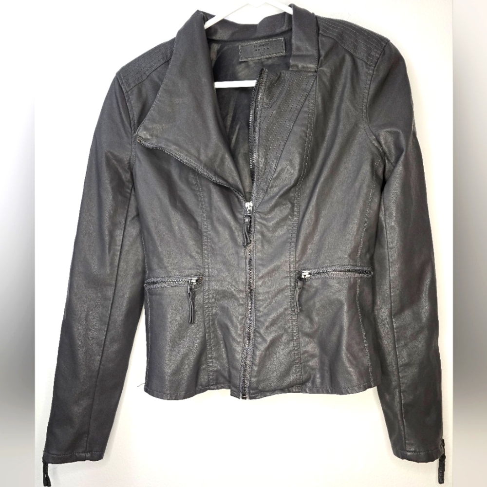 Blank NYC Jacket Faux Leather Full Zip Fitted Moto Biker, Gray size Small
